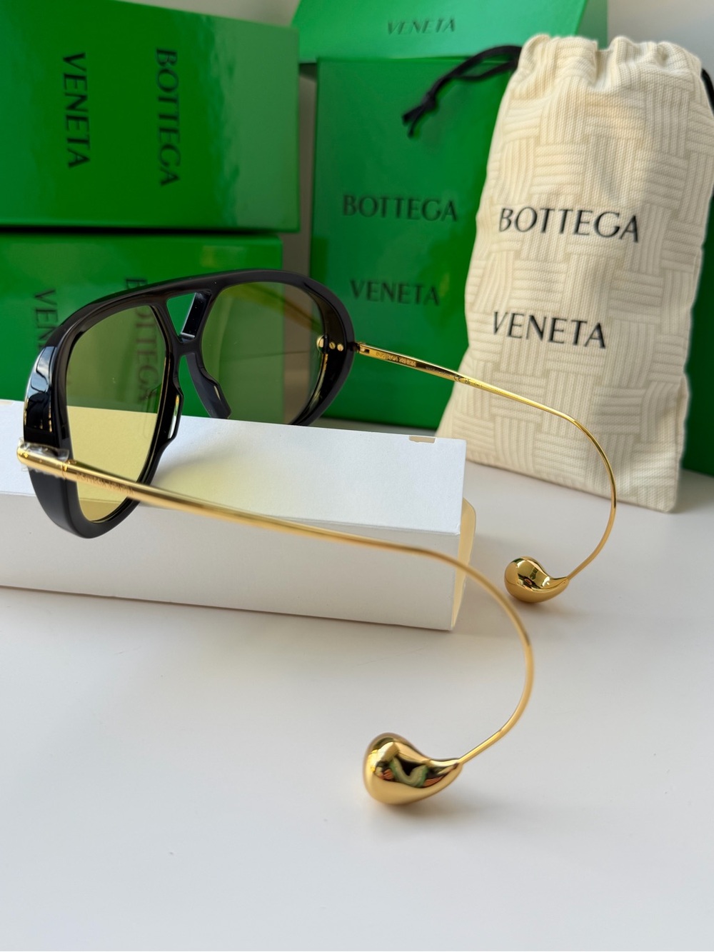 BOTTEGA VENETA BV 1273S 003 Black Gold Yellow Lens Earrings Sunglasses AUTHENTIC - Picture 5 of 12